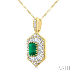 1/2 Ctw Art Deco Hexagon 6X4MM Octagon Shape Emerald, Baguette and Round Cut Diamond Precious Pendant With Chain in 14K Yellow Gold