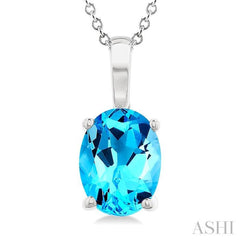 8X6 MM Oval Cut Blue Topaz Semi-Precious Solitaire Pendant With Chain in 14K White Gold