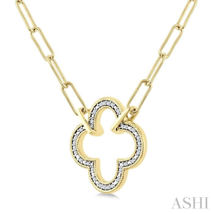 1/10 Ctw Clover Frame Round Cut Diamond Fashion Pendant With Paperclip Chain in Yellow Gold Vermeil