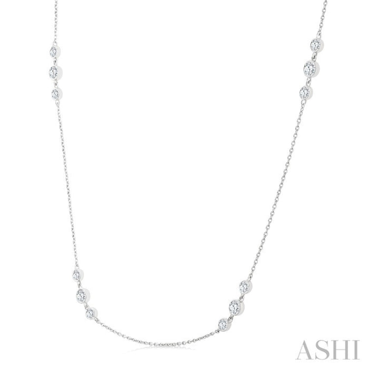 1 Ctw Three Stone Bezel Set Round Cut Diamond Station Necklace in 14K White Gold