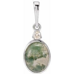 Sterling Silver 8x6 mm Natural Moss Agate & .03 CTW Natural Diamond Pendant