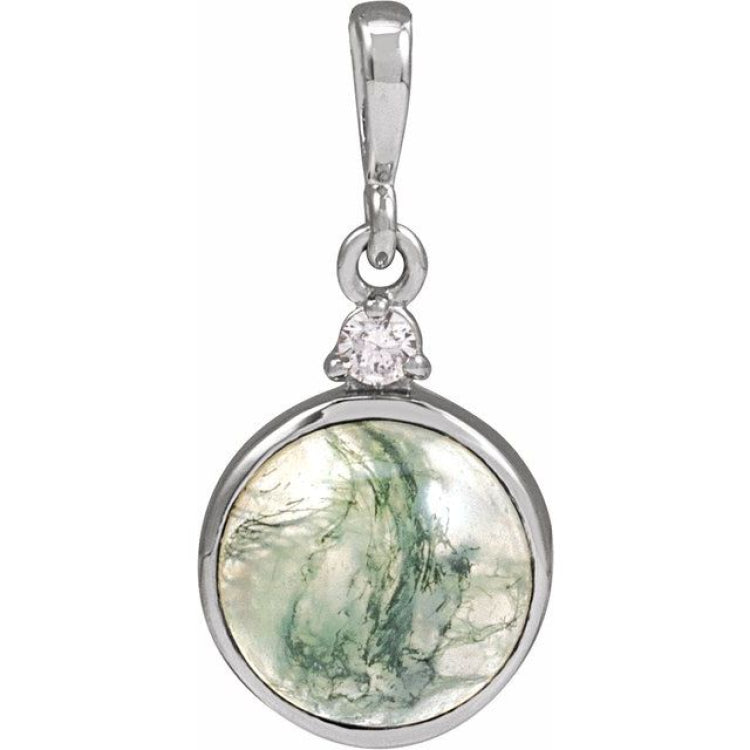 Sterling Silver 8 mm Natural Moss Agate & .03 CTW Natural Diamond Pendant