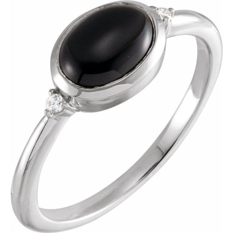 14K White Gold 9x7 mm Round Natural Black Onyx & .03 CTW Natural Diamond Ring