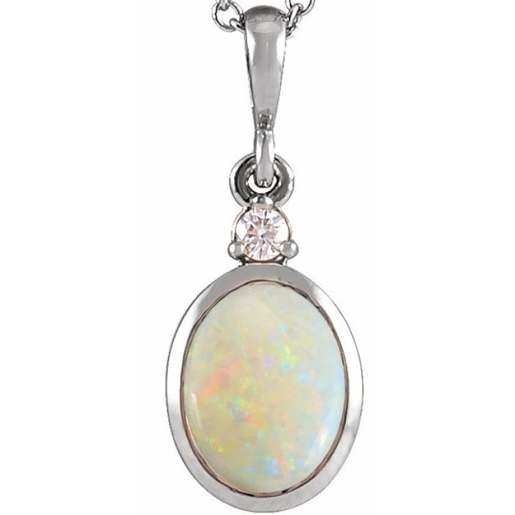 Sterling Silver 12x10 mm Natural White Opal & .03 CT Natural Diamond Cabochon Pendant