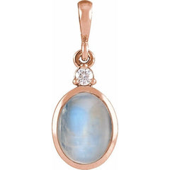 14K Rose Gold 5x3 mm Natural Rainbow Moonstone & .02 CT Natural Diamond Cabochon Pendant