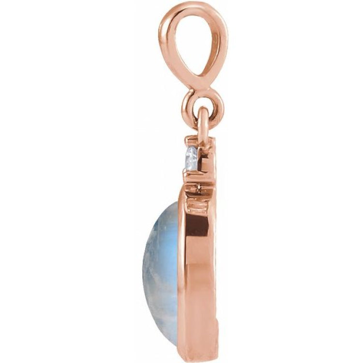 14K Rose Gold 5x3 mm Natural Rainbow Moonstone & .02 CT Natural Diamond Cabochon Pendant