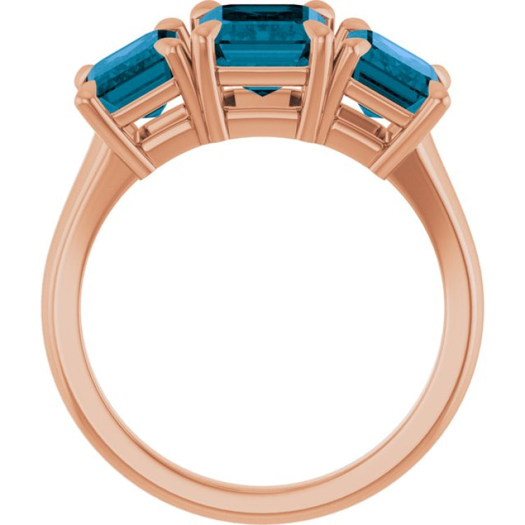 14K Rose Gold 8x6 mm Emerald Natural London Blue Topaz Three-Stone Ring