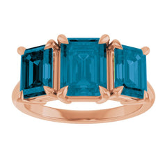 14K Rose Gold 8x6 mm Emerald Natural London Blue Topaz Three-Stone Ring