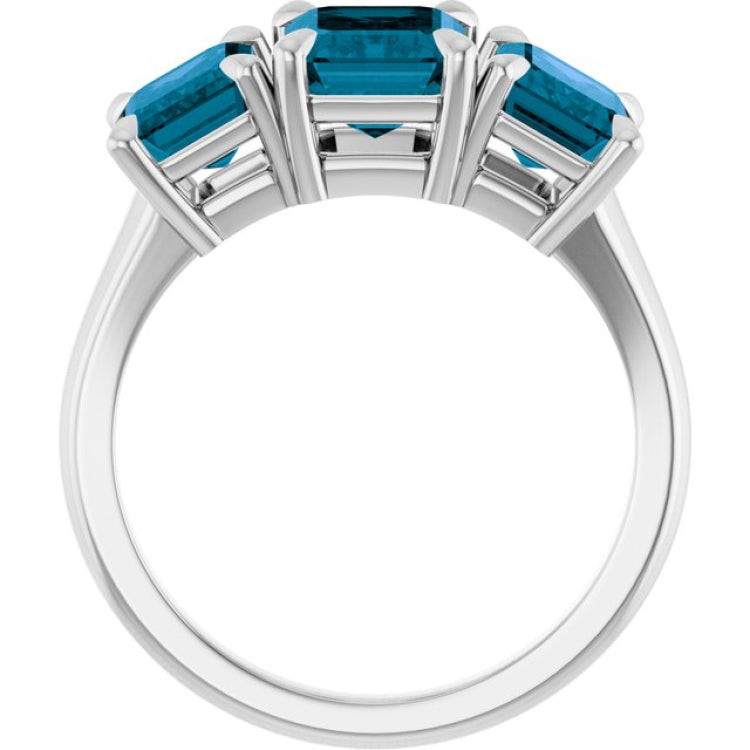14K White Gold 8x6 mm Emerald Natural London Blue Topaz Three-Stone Ring