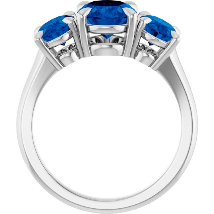 Sterling Silver 9x7 mm Oval Lab-Grown Blue Sapphire Three-Stone Ring