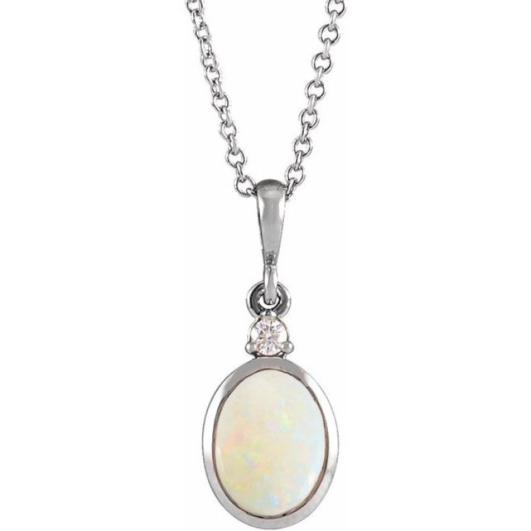 14K White Gold 10x8 mm Natural White Opal & .03 CT Natural Diamond 16-18" Necklace