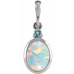 Sterling Silver 8x6 mm Lab-Grown White Opal & Natural London Blue Topaz Pendant