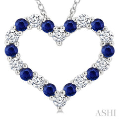 2.3 MM Round Cut Sapphire and 1/2 Ctw Open Heart Round Cut Diamond Precious Fashion Pendant With Chain in 14K White Gold