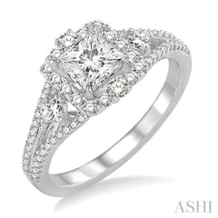 7/8 Ctw Diamond Engagement Ring with 1/3 Ct Princess Cut Center Stone in 14K White Gold