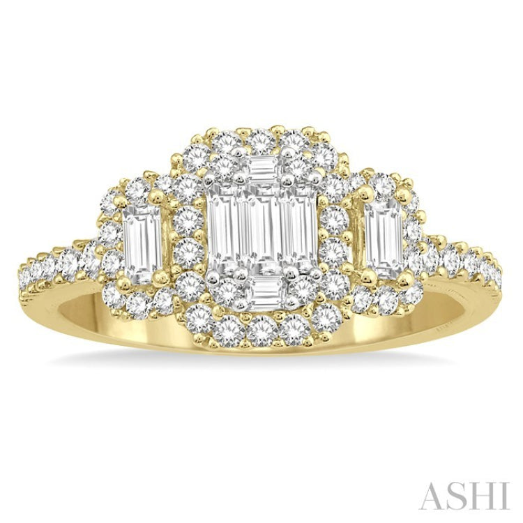 3/4 Ctw Layered Round Cut and Baguette Diamond Ring in 14K Yellow and white gold