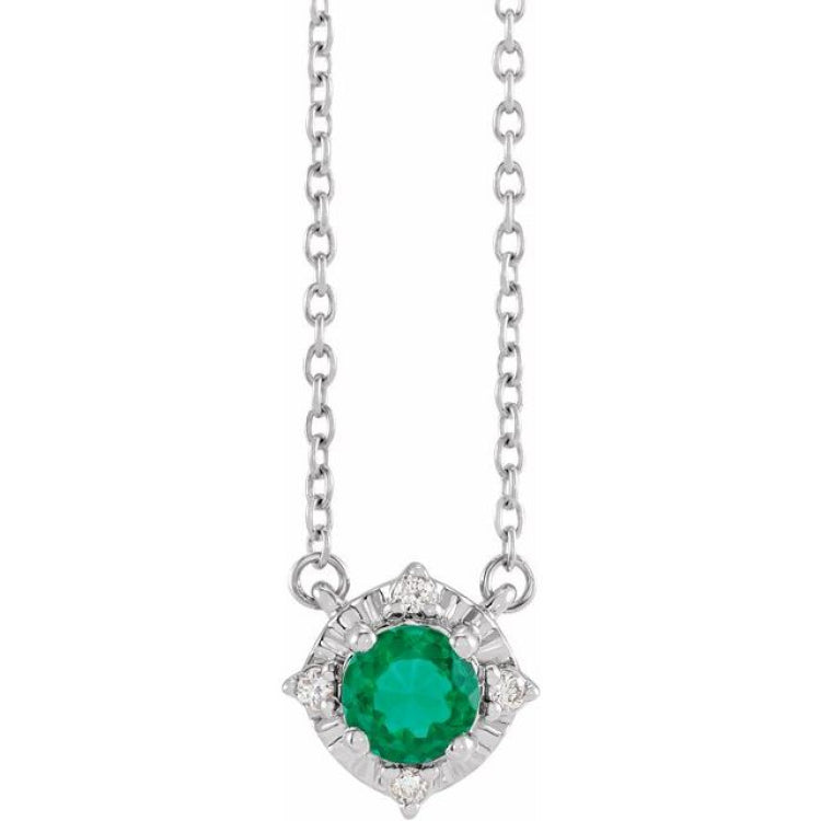 Sterling Silver Lab-Grown Emerald & .04 CTW Natural Diamond Halo-Style 18" Necklace