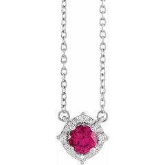 Sterling Silver Lab-Grown Ruby & .04 CTW Natural Diamond Halo-Style 18" Necklace
