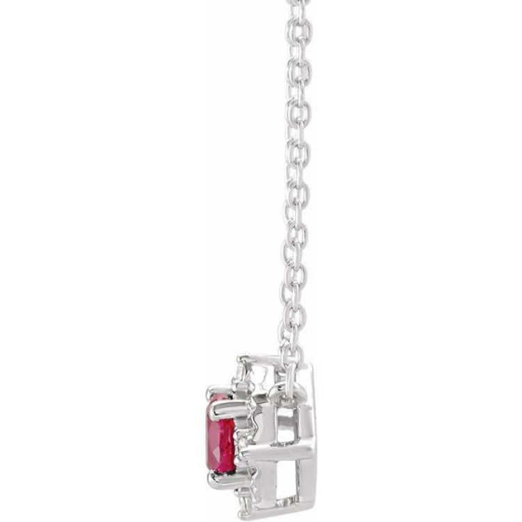 Sterling Silver Lab-Grown Ruby & .04 CTW Natural Diamond Halo-Style 18" Necklace