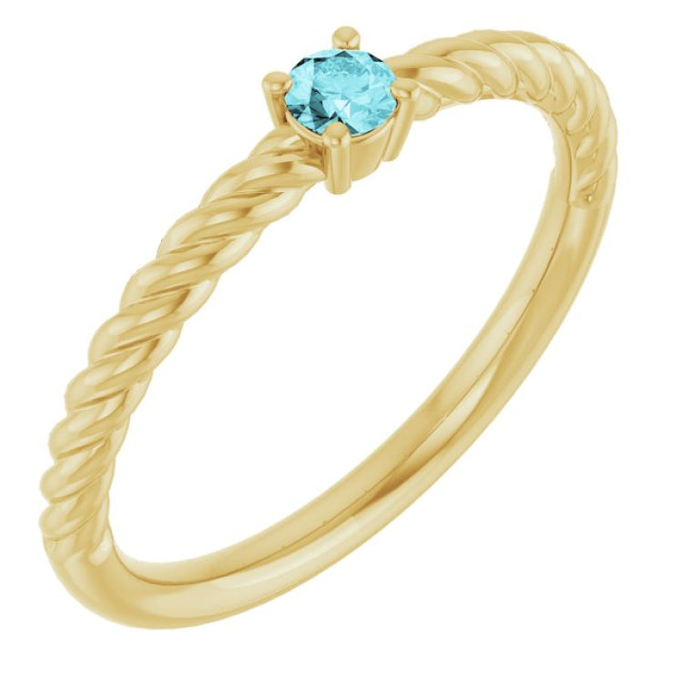 14K Yellow Gold 3 mm Natural Blue Zircon Solitaire Rope Ring