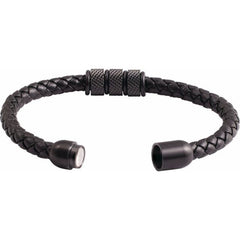Black PVD Stainless Steel 6 mm Braided Leather 8 1/8" Bracelet