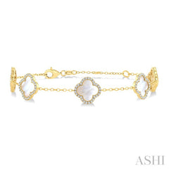 8 MM Mother of Pearl and 1/2 Ctw Round Cut Diamond Clover Halo Station Bracelet in 14K Yellow Gold