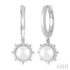 5.5 MM Round shape Cultured Pearls and 1/5 Ctw Round Cut Diamond Petite Fashion Huggies in 10K White Gold