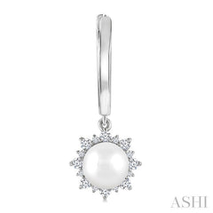 5.5 MM Round shape Cultured Pearls and 1/5 Ctw Round Cut Diamond Petite Fashion Huggies in 10K White Gold