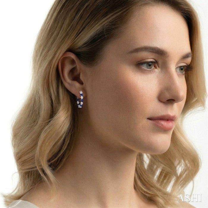3.3 MM Round Cut Sapphire and 1 5/8 Ctw Round Cut Diamond Precious Inside-Out Alternating Hoop Earrings in 14K White Gold