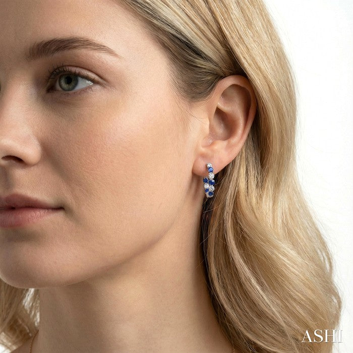 3.3 MM Round Cut Sapphire and 1 5/8 Ctw Round Cut Diamond Precious Inside-Out Alternating Hoop Earrings in 14K White Gold