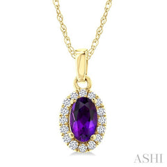 5x3 MM Oval Shape Amethyst and 1/20 Ctw Round Cut Diamond Halo Semi-Precious Pendant with Chain in 10K Yellow Gold