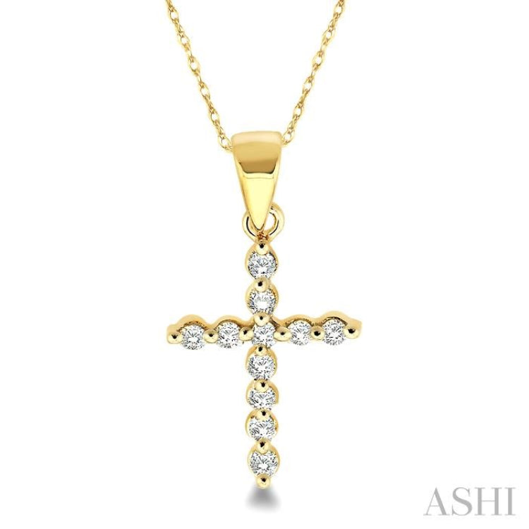 1/10 Ctw Round Cut Diamond Cross Petite Pendant in 10K Yellow Gold with Chain
