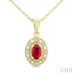5x3 MM Oval Shape Ruby and 1/20 Ctw Round Cut Diamond Pendant in 14K Yellow Gold with Chain