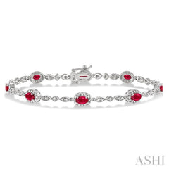 5x3 MM Oval Cut Ruby and 1/20 Ctw Round Cut Diamond Bracelet in 14K White Gold