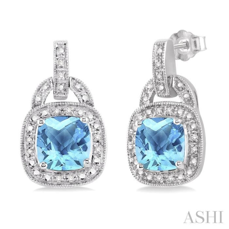 8x8 MM Cushion Shape Blue Topaz and 1/10 Ctw Round Cut Diamond Earrings in Sterling Silver