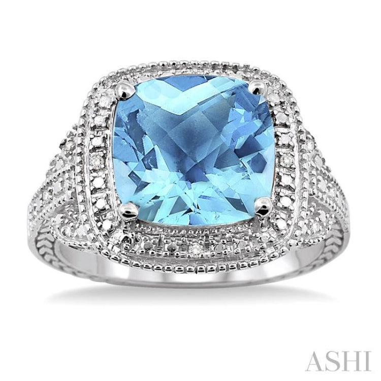 10x10 MM Cushion Shape Blue Topaz and 1/20 Ctw Round Cut Diamond Ring in Sterling Silver
