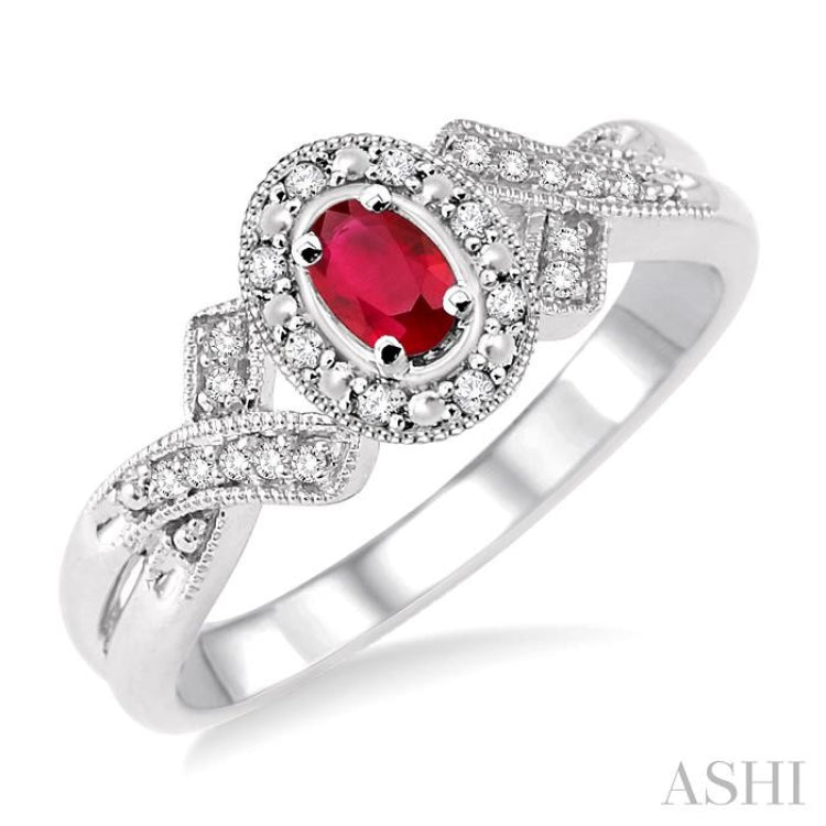 5x3 MM Oval Cut Ruby and 1/50 Ctw Round Cut Diamond Ring in Sterling Silver