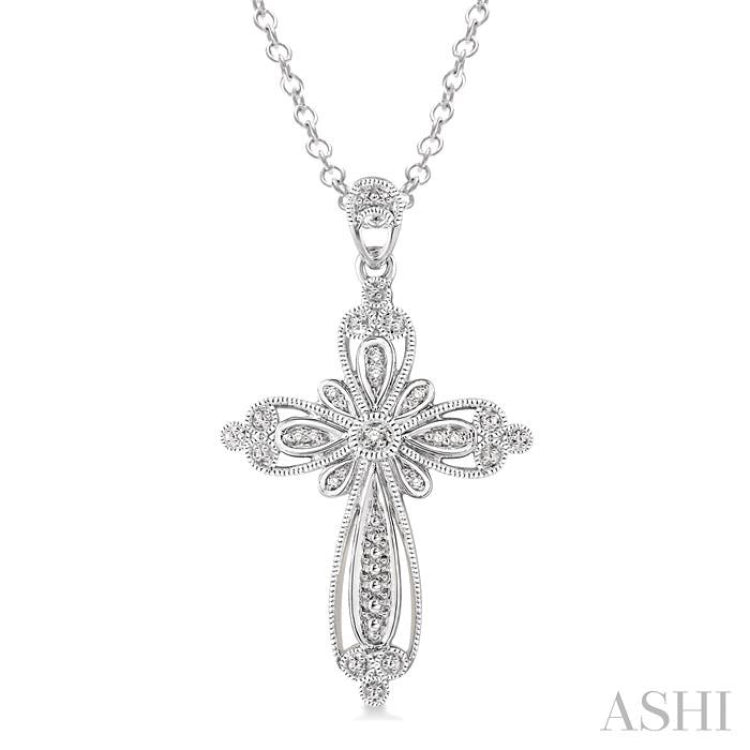 1/20 Ctw Round Cut Diamond Cross Pendant in Sterling Silver with Chain