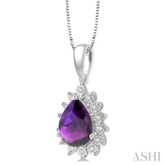 9X6 MM Pear Shape Amethyst and 1/10 Ctw Round Cut Diamond Semi-Precious Pendant With Chain in 10K White Gold