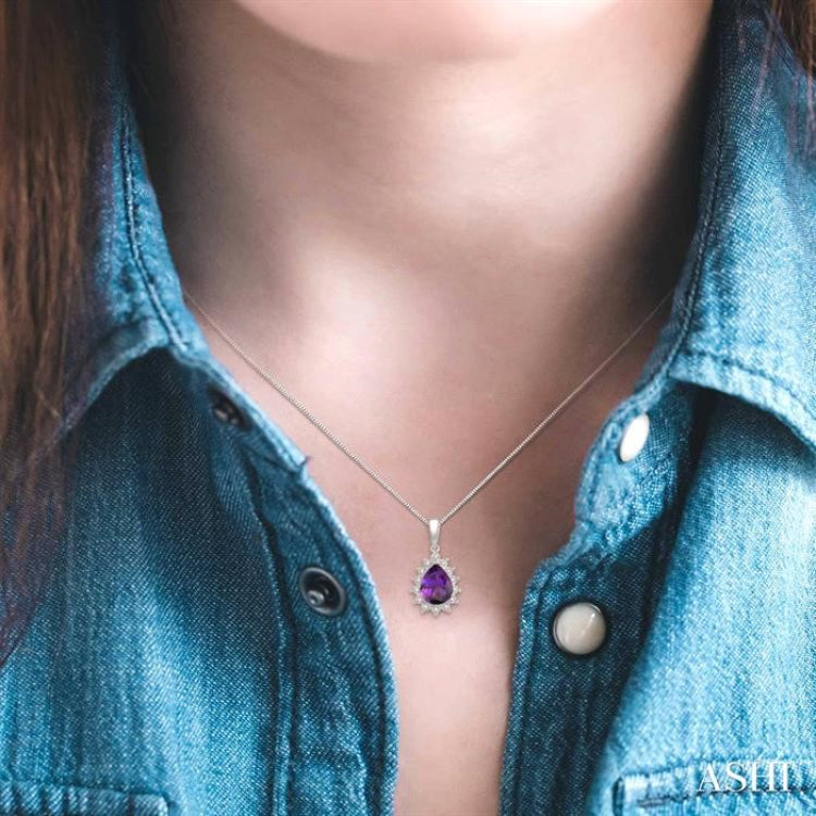 9X6 MM Pear Shape Amethyst and 1/10 Ctw Round Cut Diamond Semi-Precious Pendant With Chain in 10K White Gold