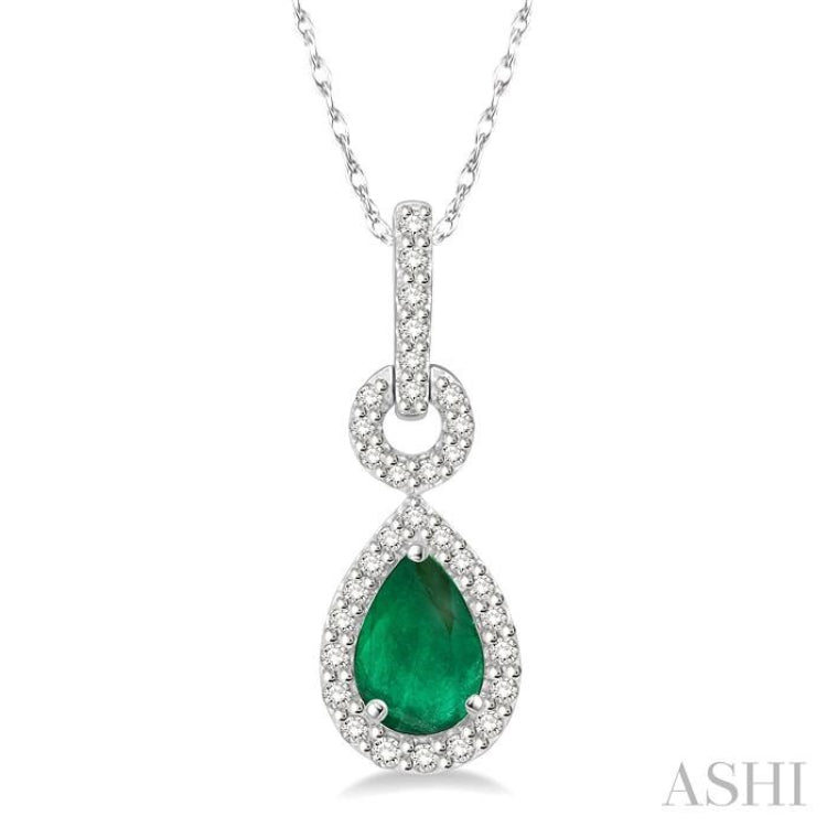 6x4 MM Pear Cut Drop Emerald and 1/6 Ctw Round Cut Diamond Precious Pendant in 10K White Gold with chain