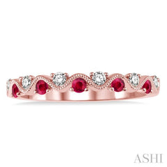 1.8 MM Ruby and 1/6 Ctw Round Cut Diamond Precious Waves Wedding Band in 14K Rose Gold