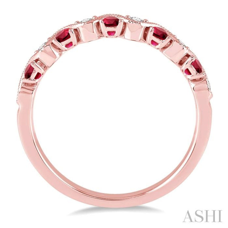 1.8 MM Ruby and 1/6 Ctw Round Cut Diamond Precious Waves Wedding Band in 14K Rose Gold