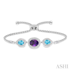 10x8 MM Oval Shape Amethyst & 7x5 MM Pear Shape Blue Topaz and 1/20 Ctw Round Diamond 3Stone Sterling Silver Lariat Bracelet