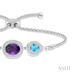 10x8 MM Oval Shape Amethyst & 7x5 MM Pear Shape Blue Topaz and 1/20 Ctw Round Diamond 3Stone Sterling Silver Lariat Bracelet
