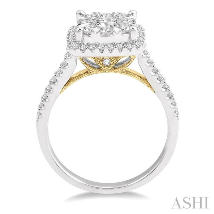 1 1/10 Ctw Round Diamond Lovebright Halo Engagement Ring in 14K White and Yellow Gold