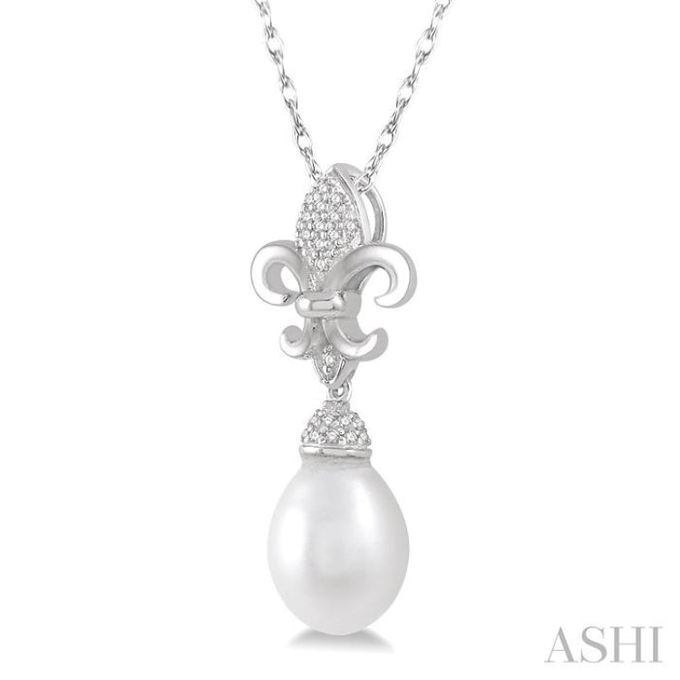 9X7 MM Drop Shape Cultured Pearl and 1/10 Ctw Round Cut Diamond Fleur De Lis Pendant With Chain in 10K White Gold