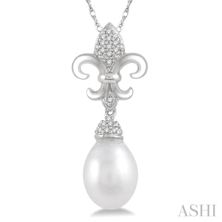 9X7 MM Drop Shape Cultured Pearl and 1/10 Ctw Round Cut Diamond Fleur De Lis Pendant With Chain in 10K White Gold