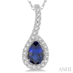 6X4 MM Pear Shape Sapphire and 1/8 Ctw Round Cut Diamond Precious Pendant With Chain in 10K White Gold