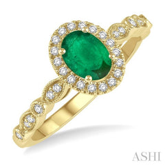 6x4 MM Oval Shape Emerald and 1/6 Ctw Round Cut Diamond Precious Ring in 10K Yellow Gold