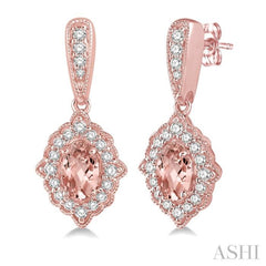 5x3 MM Oval Shape Morganite and 1/4 Ctw Round Cut Diamond Semi-Precious Earrings in 10K Rose Gold